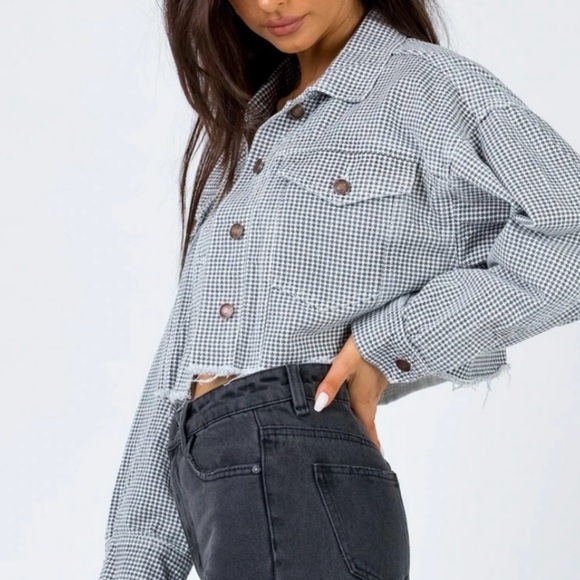 Princess Polly Black/White Houndstooth Cropped Buttoned Jacket, Raw Hem, Sz 6 - Picture 1 of 12